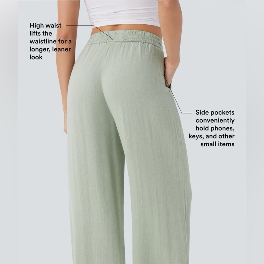 HALARA Linen -Feel Drawstring High Waist Wide-Leg Pale Mint Pants Women’s XS - Picture 4 of 9